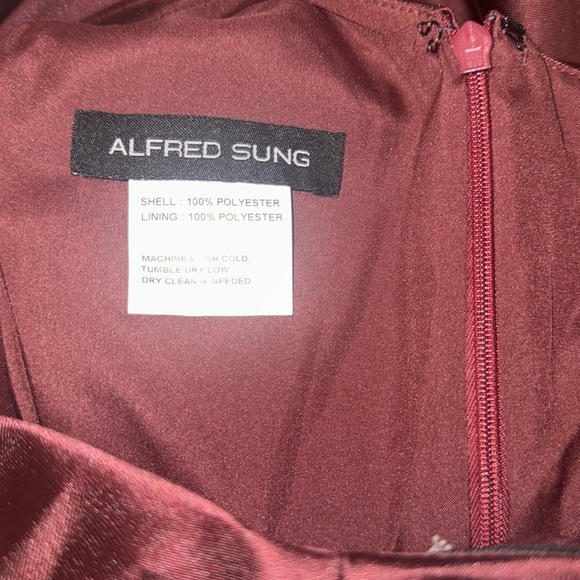 NEW Alfred Sung Bow Detail One-Shoulder Satin Twill Column Gown Sz 4 Cabernet - Picture 3 of 9